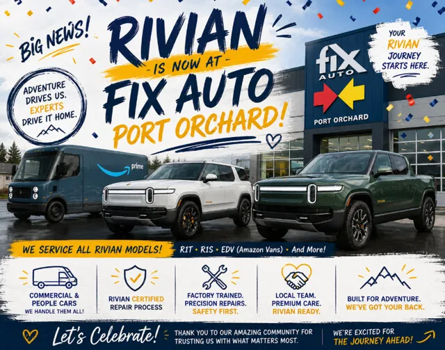 Big news: Rivian is now at Fix Auto Port Orchard. We service all Rivian models, including the R1T, the R1S and the EDV Amazon delivery vans.